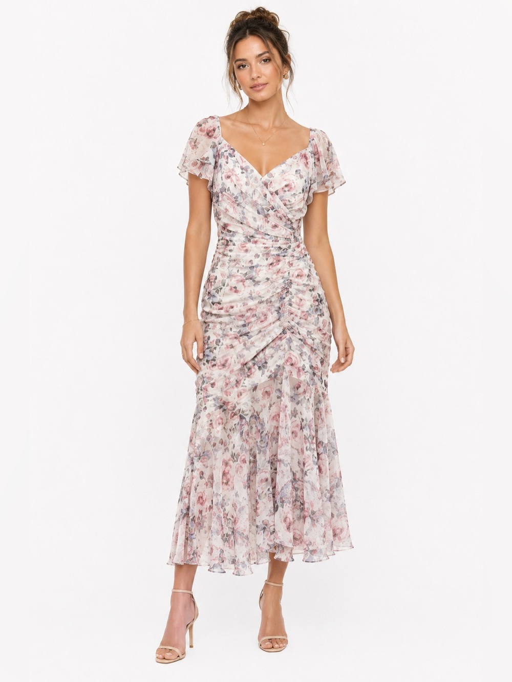 Ever New Floral Ruched Flutter Sleeve Maxi Dress Size 8